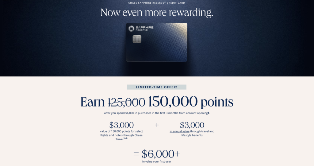 Chase Sapphire Reserve Launches 150,000-Point Welcome Offer 1 New offer on the Chase Sapphire Reserve
