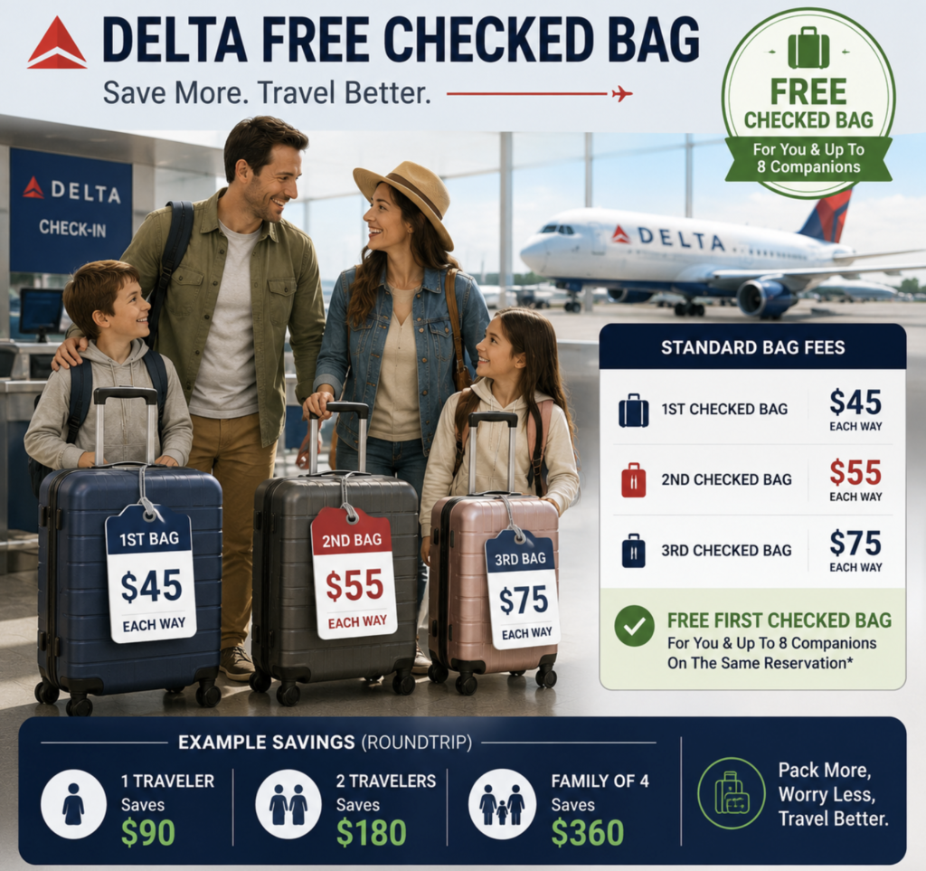 Delta Free Checked Bag Policy: Who Gets It and How It Works 2 Delta baggage perks can save families hundreds of dollars per trip