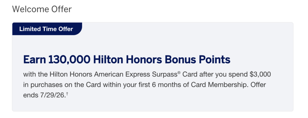 Hilton Honors Surpass Card (American Express) Review: Is It Worth the Annual Fee? 1 Hilton Honors American Express Surpass Card welcome offer