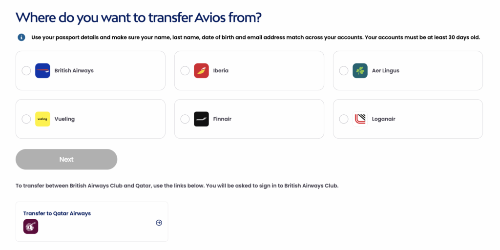 transfer Avios from