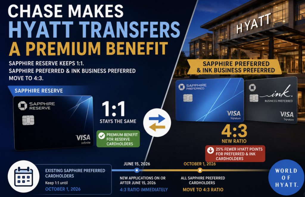 Chase Ultimate Rewards points transfer to World of Hyatt at different ratios depending on the card you hold