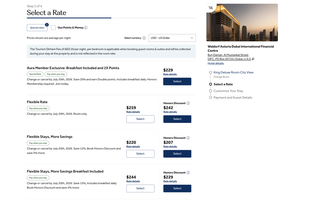 Hilton Aura Promotion: Double Points on Eligible Stays Through December 2026 3 Sample Room Rates at the Waldorf Astoria Dubai International Financial Centre