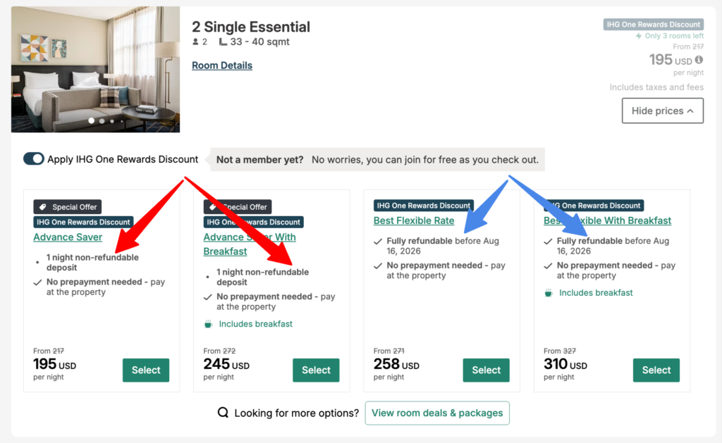 IHG Cancellation Policy: Everything You Need to Know Before You Cancel a Reservation 1 Screenshot from IHG (rate types; where to check if a rate is refundable)