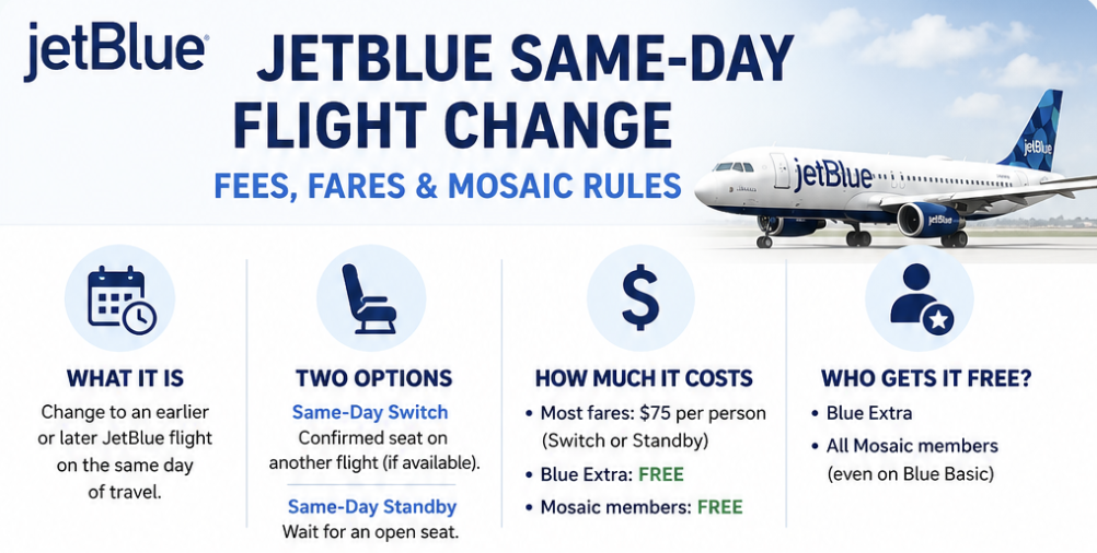 JetBlue Same-Day Flight Change: Fees, Fare Rules, Standby & Mosaic Benefits 1 Key Information on JetBlue's Same-Day Flight Change in an Infographic