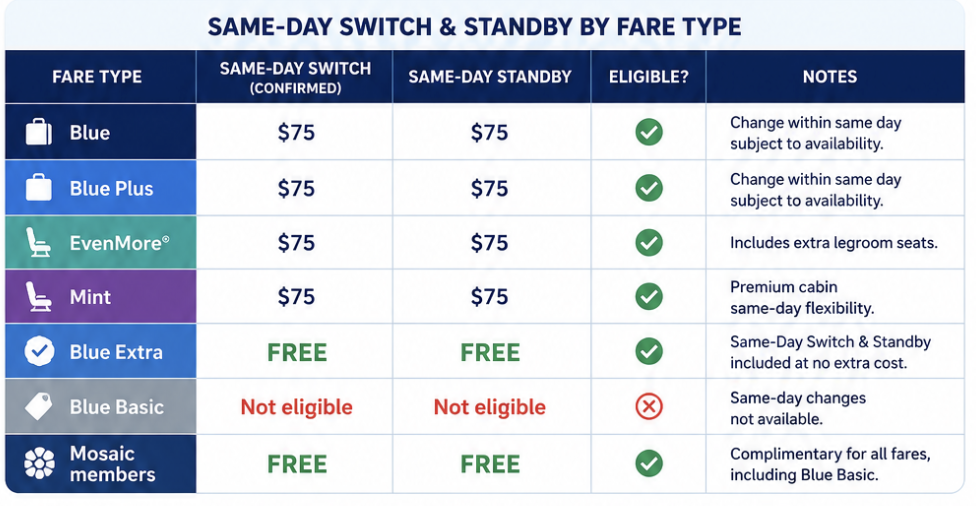 JetBlue Same-Day Flight Change: Fees, Fare Rules, Standby & Mosaic Benefits 2 Same-Day Switch vs. Same-Day Standby by Fare Type