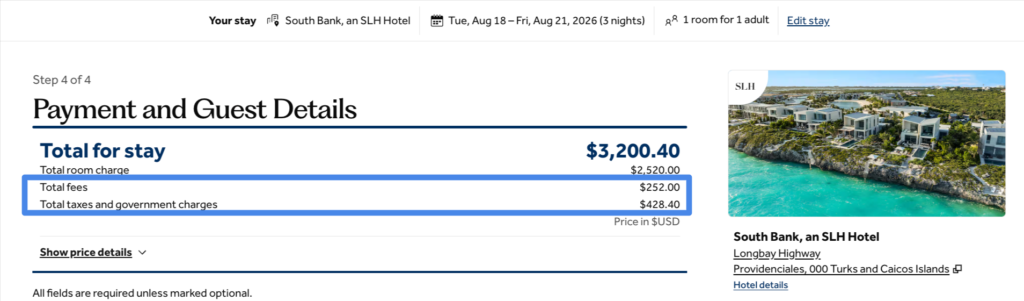 The fee appears separately from the room rate and taxes during the booking process.