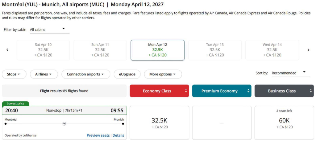 Flight from Montreal to Munich, Lufthansa, Business Class seat: 60,000 Aeroplan points