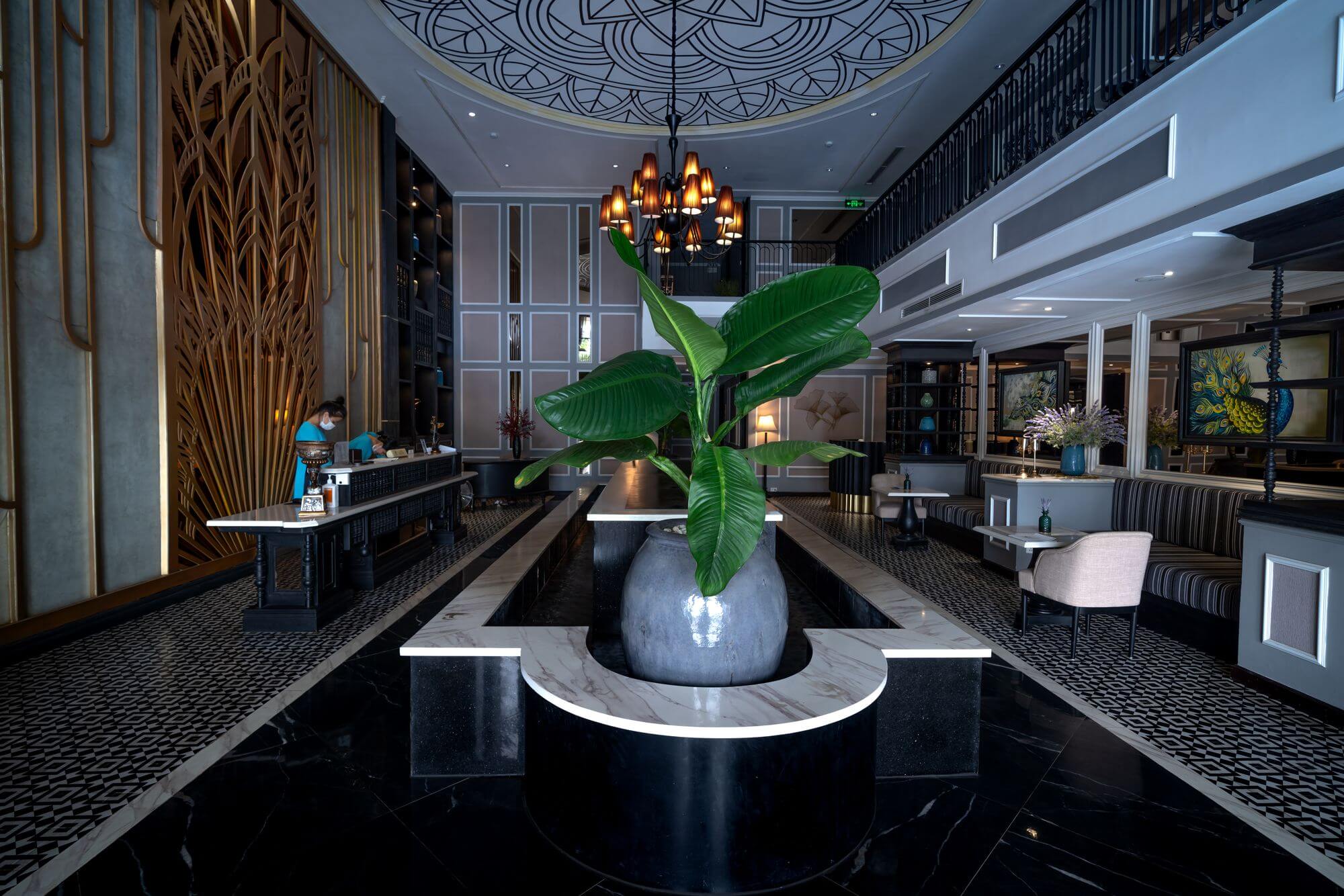 Elegant hotel lobby with reception desk