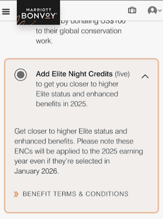 Marriott Annual Choice Benefit: When Do the 5 Elite Night Credits Count? 3 five Elite Night Credits you can pick as an Annual Choice Benefit always post to the calendar year in which you actually earned 50 or 75 real nights