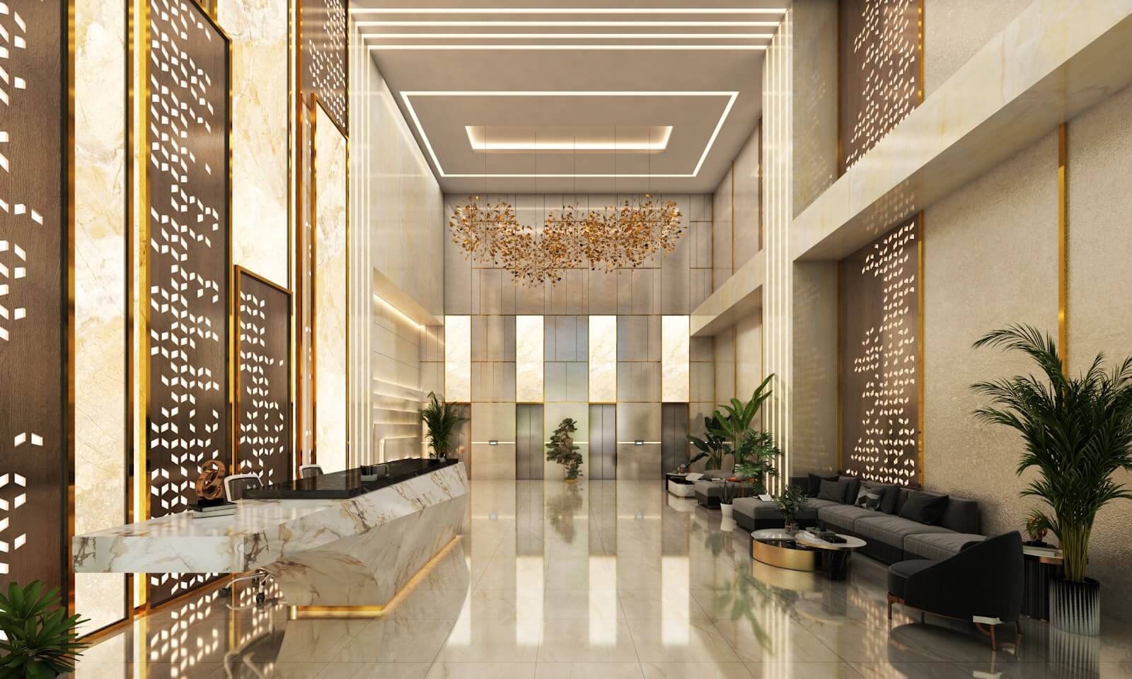 Can Marriott Elite Night Credits Be Transferred to Another Person? 9 Elegant hotel lobby with reception desk and seating area