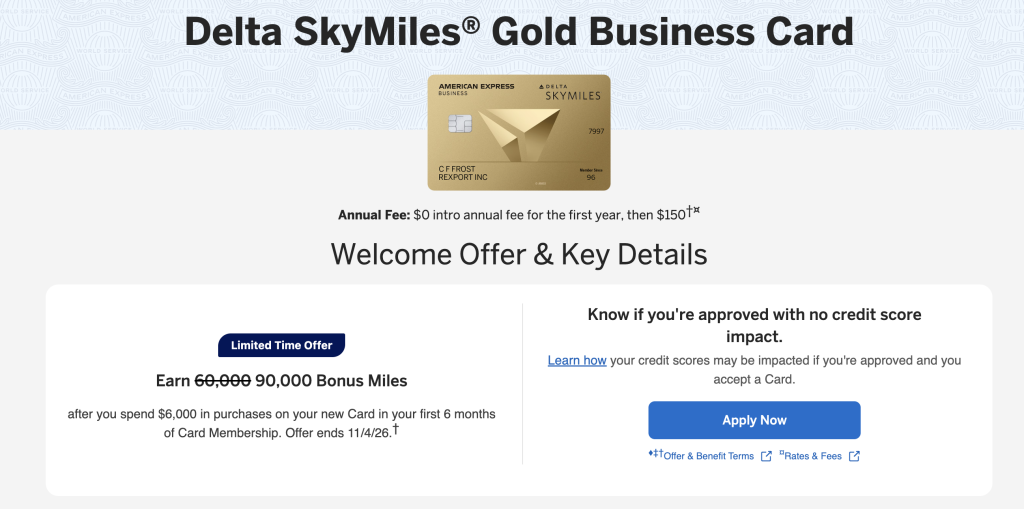 Delta SkyMiles Gold Business Card Welcome Bonus