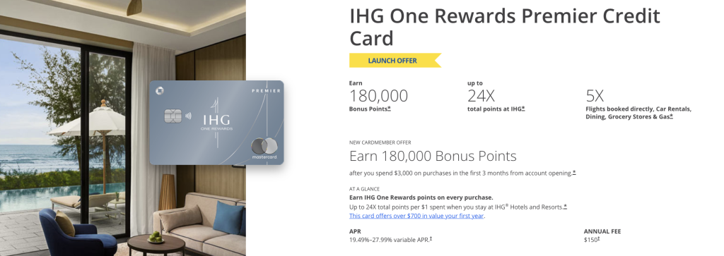 IHG One Rewards Premier Credit Card Review: Is the $150 Fee Worth It? 4 current offer is 180,000 bonus points after spending $3,000 in the first 3 months